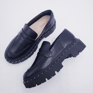 Schutz Christy Penny Loafers Black Leather Studded Lug Sole Platform Shoes 7.5